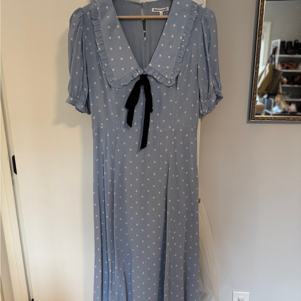 Reformation Powder Blue Polka Dot Midi Dress with Black Velvet Tie